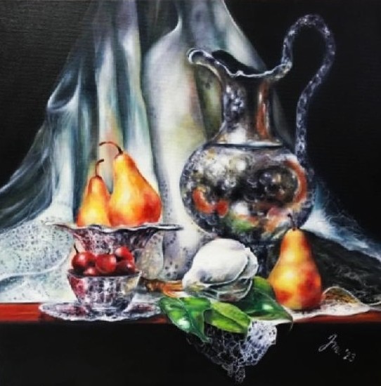 Stříbrné zátiší se zlatými hruškami / 50 x 50 cm, olej na plátně